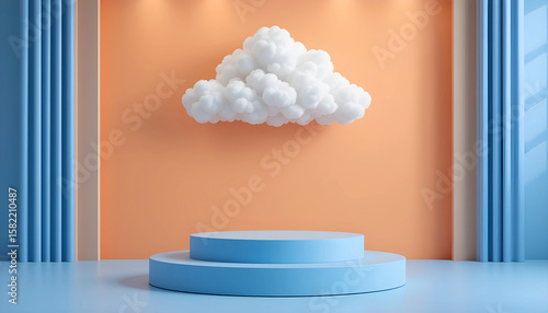 Minimalist blue podium with hovering cloud in orange backdrop