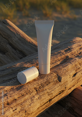 White cosmetic tube and cap on driftwood