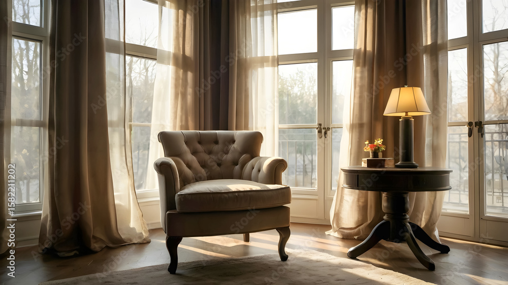 Fototapeta premium Peaceful interior space with warm lighting and classic armchair setup 
