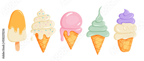 Set of kawaii ice cream cones with different flavors