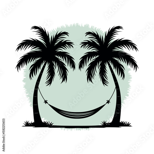 Vector illustration of two palm trees with a hammock hanging between them in silhouette style. Perfect for tropical themes, vacation ads, beach decor, and summer relaxation concepts.