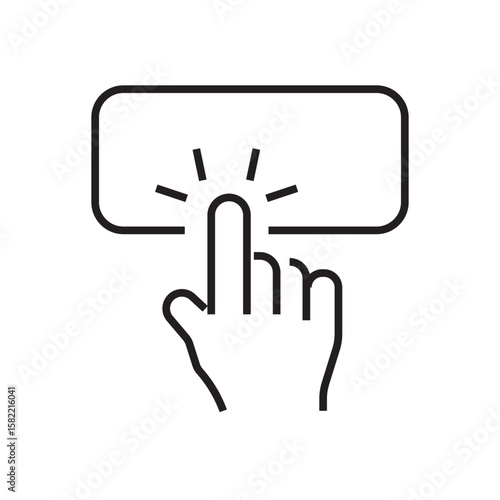 Outline icon of a finger pressing a rectangular button, representing digital UI interaction or button press command. editable stroke. vector illustration