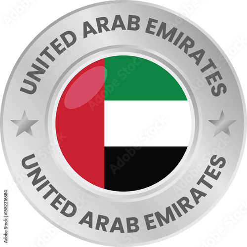 United Arab Emirates flag in silver colored medal. National flag in metal circle emblem.