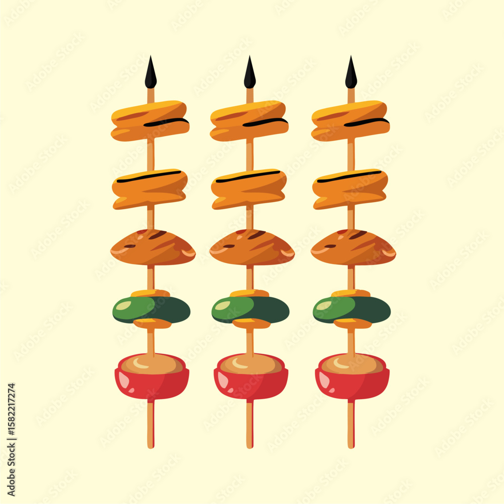 Three colorful skewers with grilled meat, vegetables, and pineapple chunks on a light yellow background. Three colorful skewers with grilled meat, vegetables, and pineapple chunks on a light yellow background.