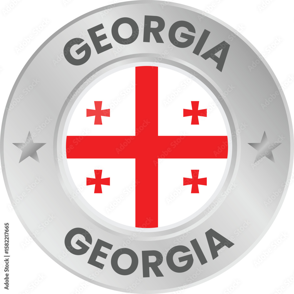 Fototapeta premium Georgia flag in silver colored medal. National flag in metal circle emblem.