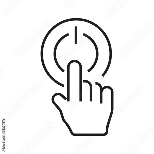 Outline icon of a finger pressing a power button, representing device startup, tap-to-turn-on, or command execution. editable stroke. vector illustration