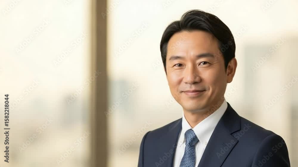 Confident East Asian Businessman Smiling in a Bright Modern Office Setting, Professional Headshot for Corporate Success Confident East Asian Businessman Smiling in a Bright Modern Office Setting, Professional Headshot for Corporate Success