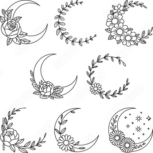 Celestial crescent moons adorned with floral elements and stars flower rose
