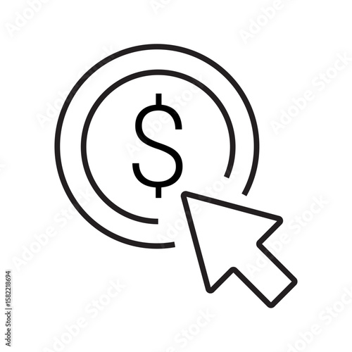 Outline icon of a dollar symbol with a click pointer, symbolizing pay-per-click advertising, digital marketing, or online revenue. editable stroke. vector illustration