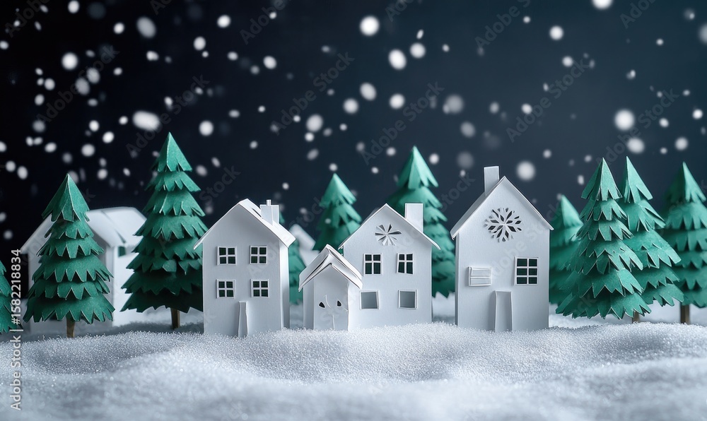 Fototapeta premium Miniature paper village, snowy night