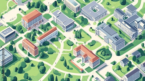 Isometric view of a university campus, featuring buildings, trees, and walkways.  Green spaces and light tones