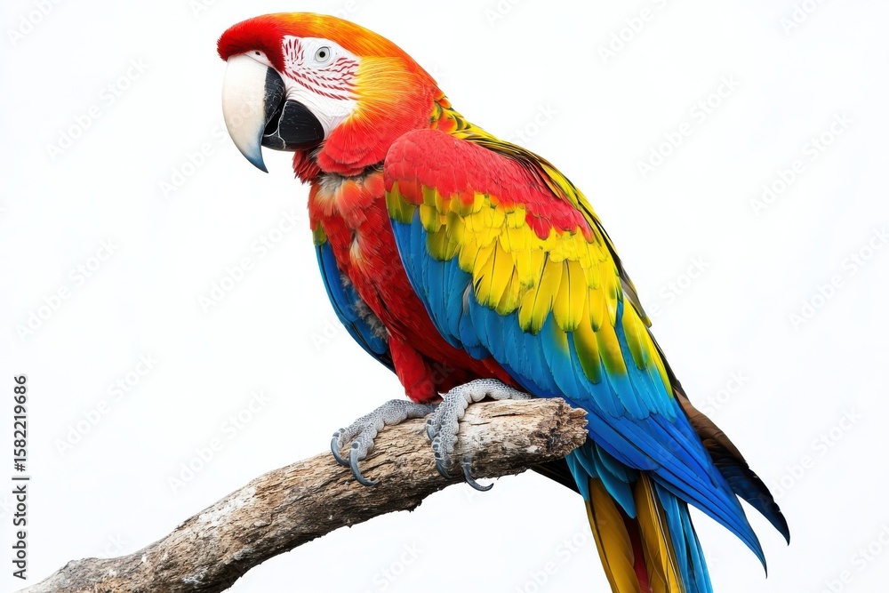 Obraz premium Vibrant Majesty Scarlet Macaw Portrait Exotic Bird Tropical Beauty and Nature on white background. Generative Ai