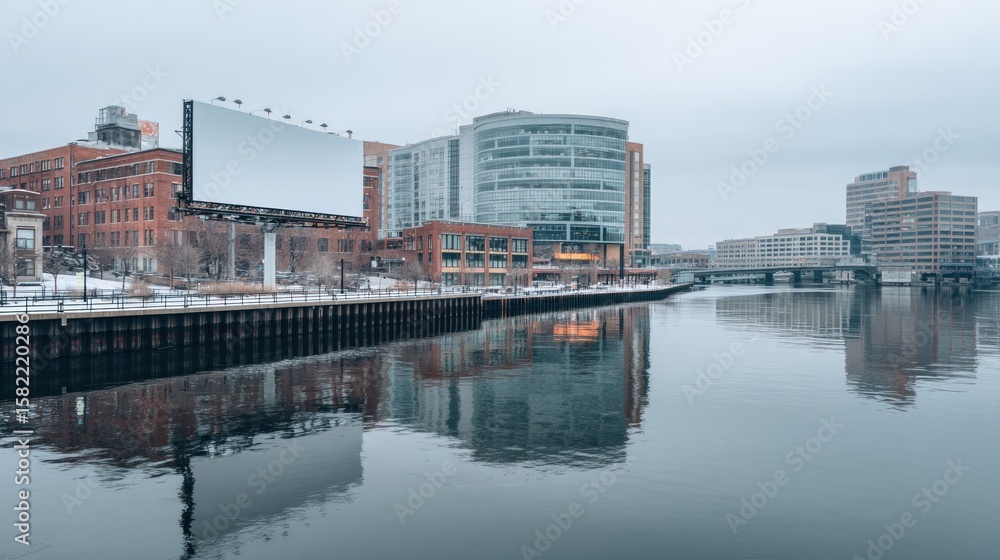Obraz premium Cityscape by river on a cloudy day