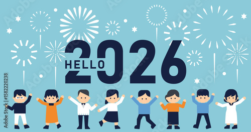 「HELLO 2026」花火と人々のベクターイラスト｜お祝い・新年・イベント 背景 アイキャッチ バナー