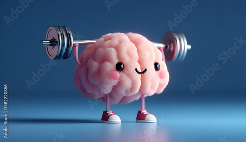 Naklejka A cute cartoon brain lifting weights, symbolizing mental strength and fitness. This whimsical representation encourages a strong mind-body connection.