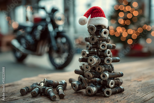 A festive arrangement of spark plugs stacked like a Christmas tree, adorned with a Santa hat, set against a blurred motorcycle and holiday lights.