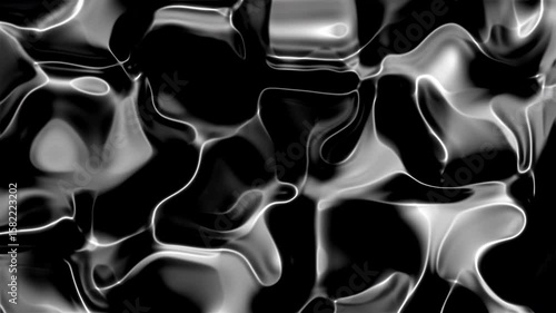 Abstract grayscale liquid surface with bright highlights intricate curves and dark voids