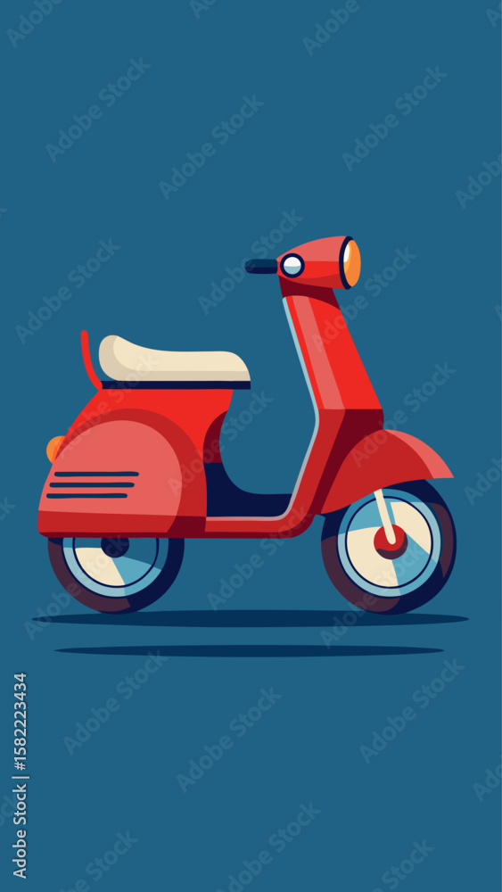 A blue scooter with a yellow seat is parked on a blue background. The scooter is parked in a way that it is in motion, as if it is about to start moving A blue scooter with a yellow seat is parked on a blue background. The scooter is parked in a way that it is in motion, as if it is about to start moving