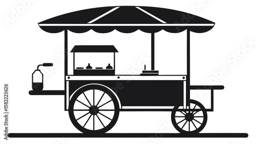 A black and white drawing of a food cart with a canopy and a bottle on the cart. The cart is on a road and has a wheel