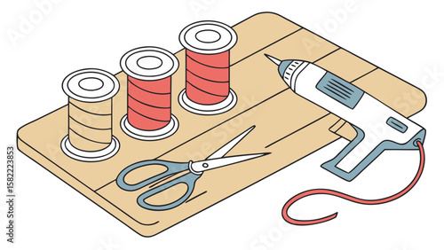 Illustration of sewing supplies including spools of thread scissors and a glue gun arranged on a wooden surface perfect for craft projects