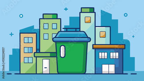 A large green trash can is situated in front of a building, drawing attention to the importance of proper waste disposal. The trash can is a prominent feature in the image