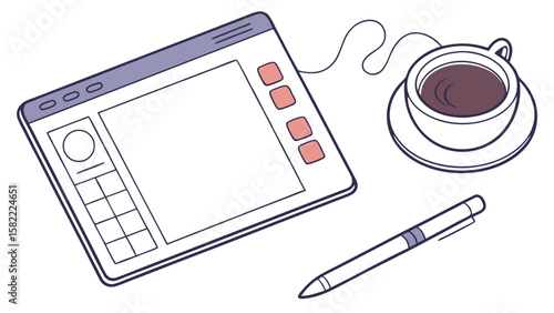 A digital drawing tablet with a stylus and a cup of coffee on a saucer representing a creative workspace for artists and designers