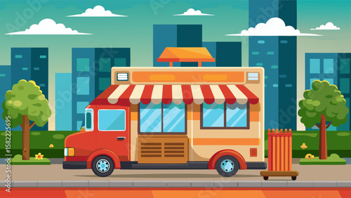 A red food truck with a red and white awning is parked on a city street. The truck is parked next to a trash can