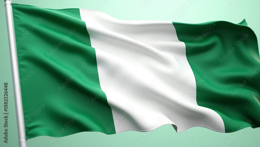 Obraz premium The Nigerian flag waving in the wind, showcasing its green and white stripes against a light green background.