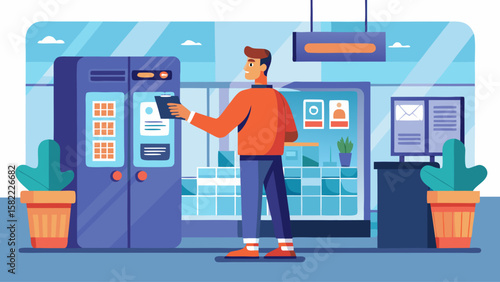 A man is standing in front of a vending machine, looking at a tablet. He is holding a cup in his hand