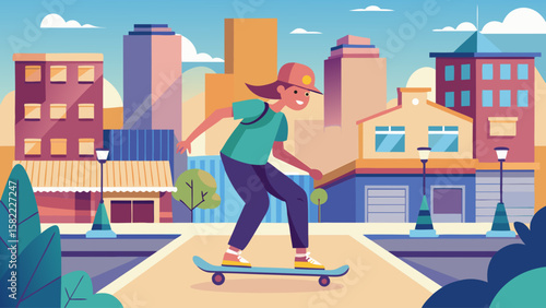 A girl is skateboarding in a city. The city is full of buildings and trees. The girl is smiling as she rides her skateboard