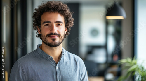 Confident man with short hair wearing grey shirt standing in modern office, natural light, blurred background. Business portrait of a professional male in casual outfit looking at camera.
