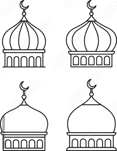 Islamic domes with crescent moons and arched bases mosque