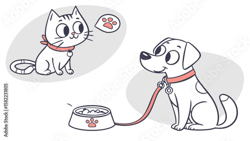 A cute white cat with a red bandana and collar thinks about a paw print while a happy white dog with a red collar and leash sits by a bowl of food