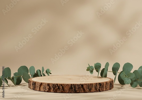 Cosmetic product mockup stage with a natural wood base and refreshing eucalyptus leaf accents.

