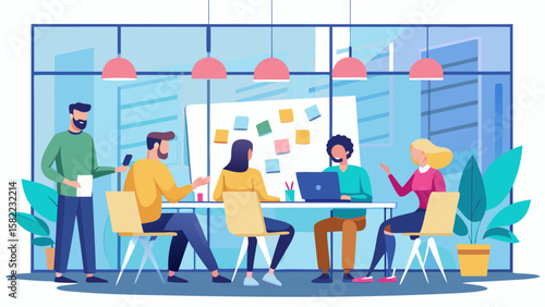 A group of people are sitting around a table with a whiteboard. They are working together on a project