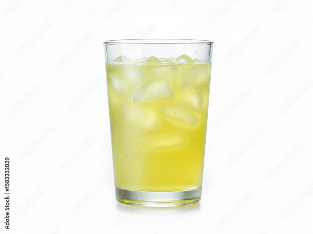 Refreshing yellow drink with ice in a clear glass isolated white background Refreshing yellow drink with ice in a clear glass isolated white background