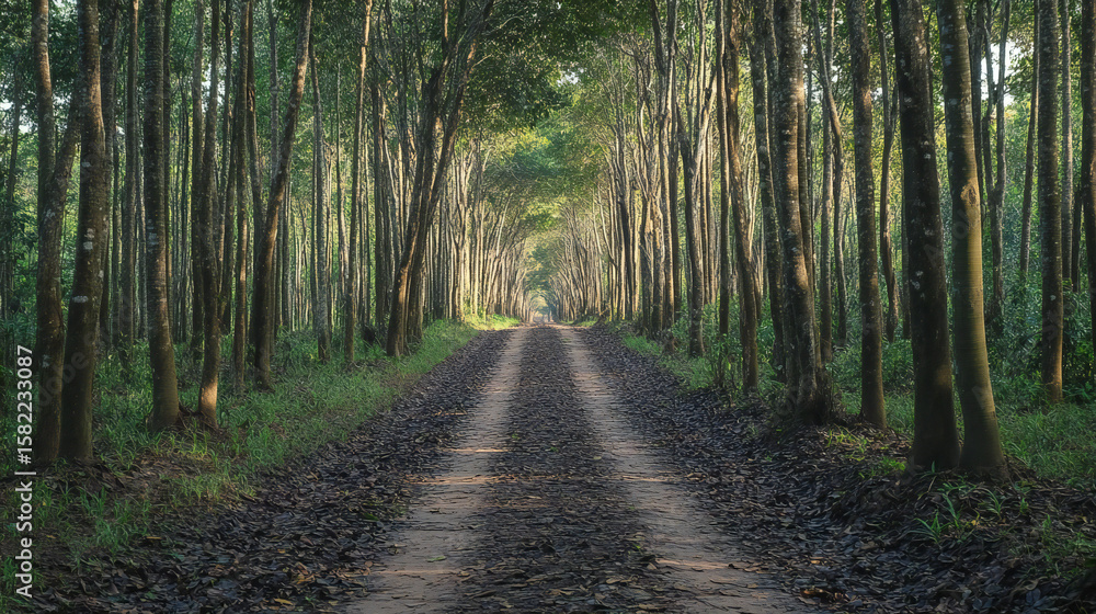Fototapeta premium Enchanting Pathway: A Serene Forest Road Amidst Towering Trees