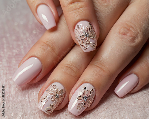 Delicate floral nail art with pink polish nails manicure