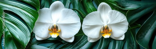 Two white orchids on green monstera leaves backdrop
