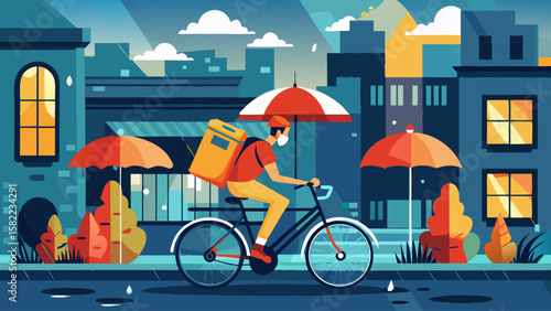 A man is riding a bicycle in the rain with an umbrella. The image has a mood of melancholy and loneliness