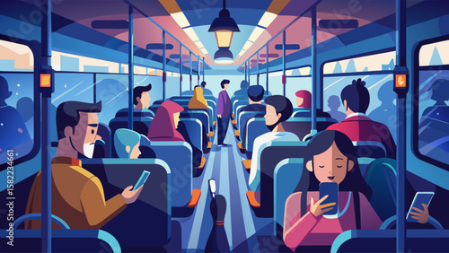 A bus is full of people, including a woman who is looking at her phone. Scene is busy and bustling, with people going about their daily lives