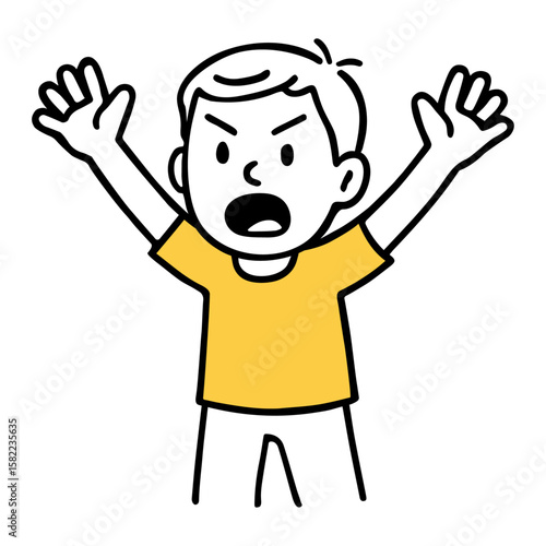 Angry Boy with Raised Arms and Shouting Expression. Frustrated Expression, Bold Emotion Hand-Drawn Doodle Art Style Vector Illustration