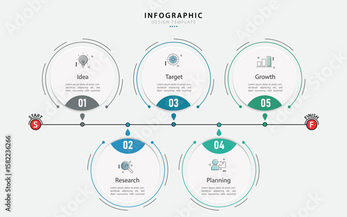 Timeline Creator infographic template. 5 Step timeline journey, calendar Flat simple infographics design template. presentation graph. Business concept with 5 options, gantt vector illustration.