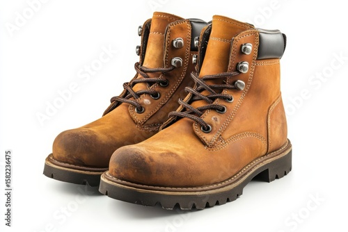 Durable tan work boots weathered leather robust footwear laced outdoor on white background. Generative Ai