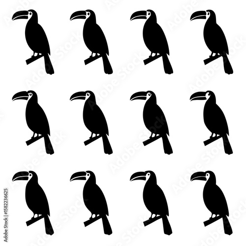 Twelve Black Toucan Silhouettes bird