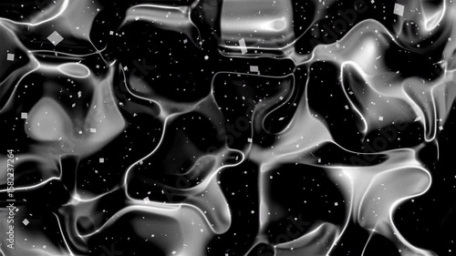 Swirling grayscale shapes and scattered squares against a black background