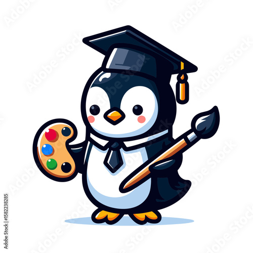 Cartoon penguin artist with graduation cap and paintbrush. Perfect for art schools, creative education, or children's art classes.