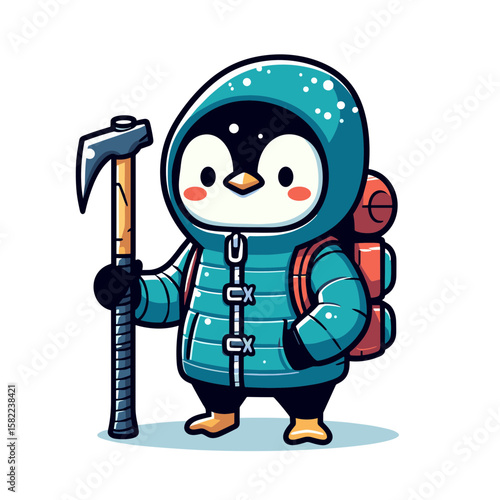 Cartoon penguin in turquoise winter gear with ice pick. Perfect for arctic expeditions, winter adventure tourism, or mountaineering equipment.