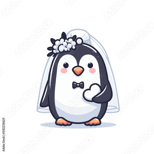 Cartoon penguin bride in wedding veil with bowtie. Perfect for wedding planning services, bridal shops, or marriage celebration content.