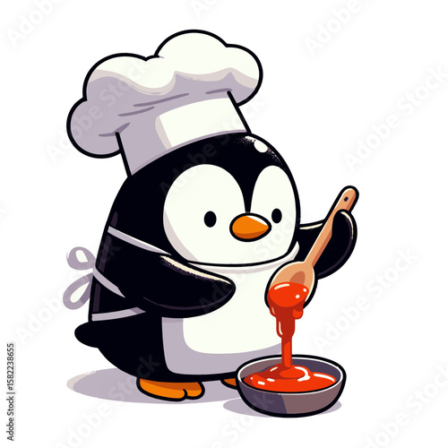 Adorable penguin chef cooking with ladle and pot. Perfect for restaurants, cooking schools and culinary brand marketing campaigns.